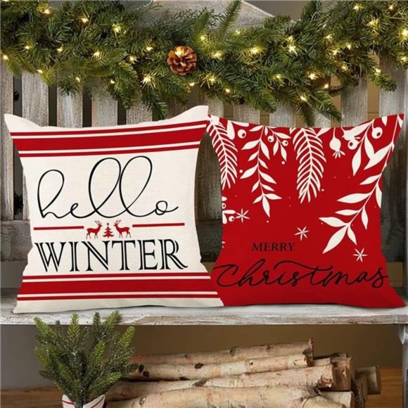 Christmas Pillow Covers Red Holiday Decor Decorative Cases Xmas Decorations 18in - Picture 3 of 6